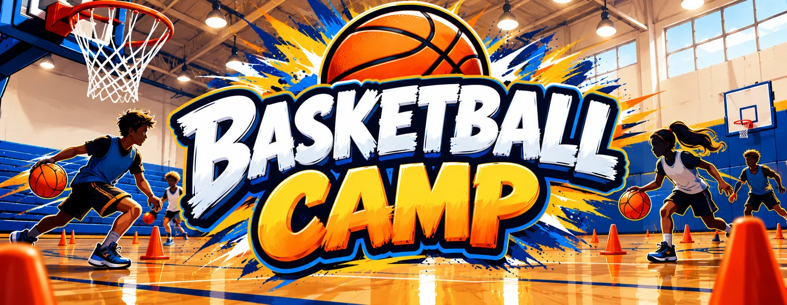 Basketball Camp: kids dribbling through cones in a school gym