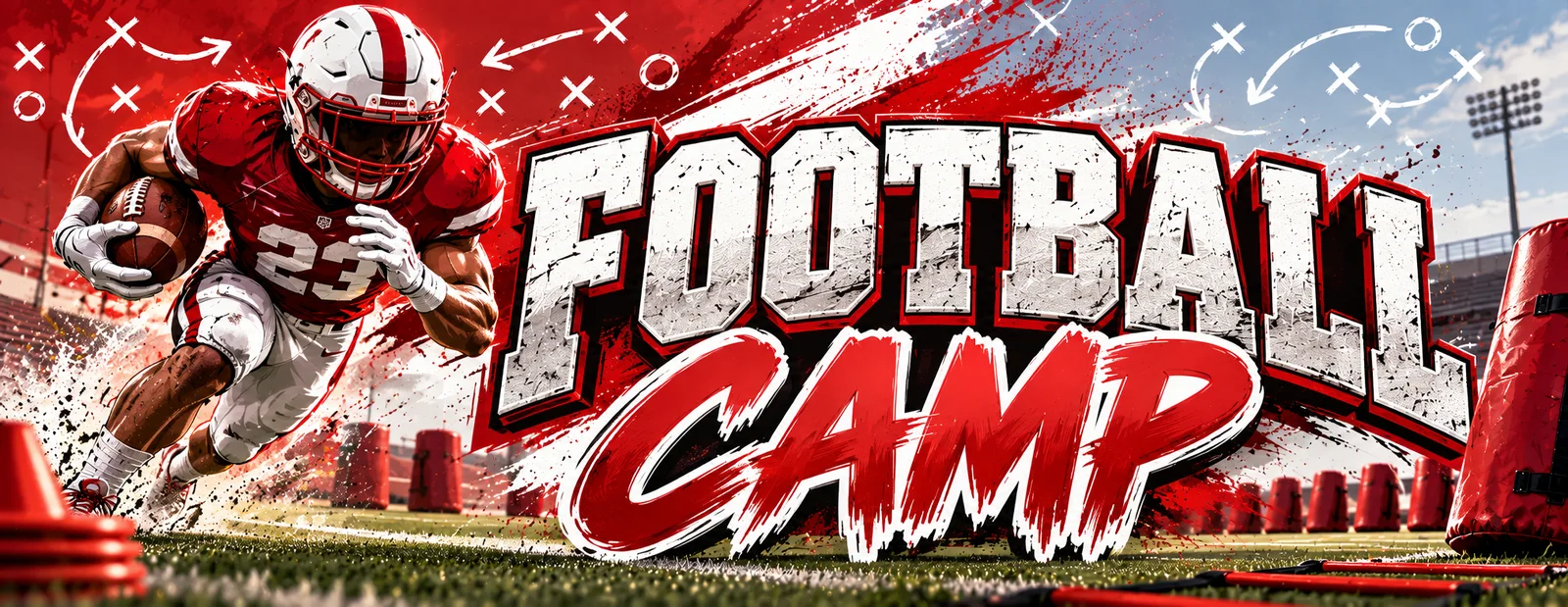 Football Camp: a running back cuts upfield past tackling dummies