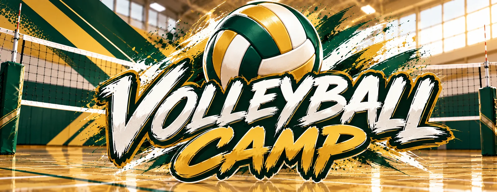 Volleyball Camp: a green and gold volleyball over the net in a school gym